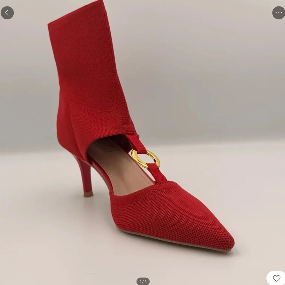 Chic Red Knit Ankle Slip on Heels